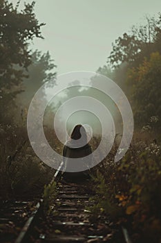 Solitary woman sitting on abandoned railroad tracks, overgrown vegetation, misty forest background, concept of