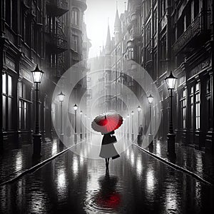 Solitary Woman Walking With A Red Umbrella In the Rain