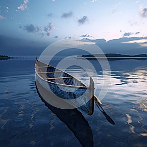 A solitary wooden boat on the calm surface of the lake under the tranquil blue hues of the twilight sky