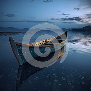 A solitary wooden boat on the calm surface of the lake under the tranquil blue hues of the twilight sky