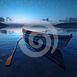 A solitary wooden boat on the calm surface of the lake under the tranquil blue hues of the twilight sky