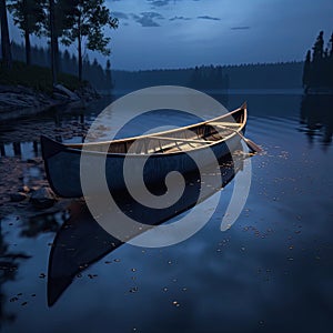 A solitary wooden boat on the calm surface of the lake under the tranquil blue hues of the twilight sky