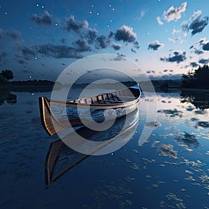 A solitary wooden boat on the calm surface of the lake under the tranquil blue hues of the twilight sky