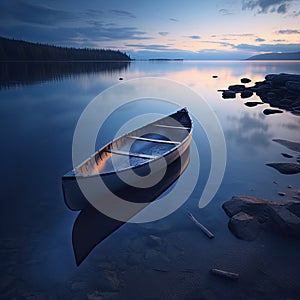 A solitary wooden boat on the calm surface of the lake under the tranquil blue hues of the twilight sky