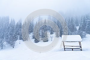 Solitary wooden shelter against a backdrop of mountains and forest during heavy snowfall and fog.