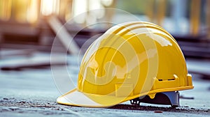 A solitary yellow safety helmet rests on the gritty floor of a construction site