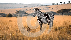 Solitary zebra standing in golden savannah grassland. wildlife scene with textured background, suitable for wall art and