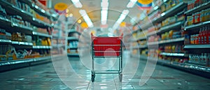 Solitude in Aisles: A Lone Cart\'s Quiet Symphony. Concept Grocery store ambiance, Solitary photo
