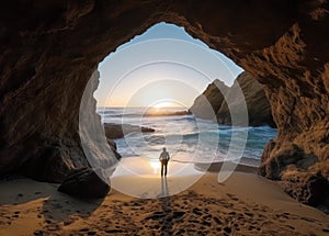 Solitude Amidst Nature\'s Sanctuary: Silhouette of a Man in a Beach Cave