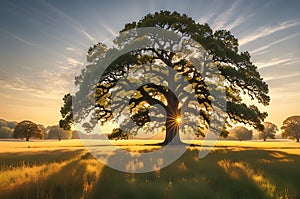 Solitude in Gold: Majestic Oak Tree Standing Alone in a Vibrant Sprawling Meadow During Golden Hour, Casting Long Shadows