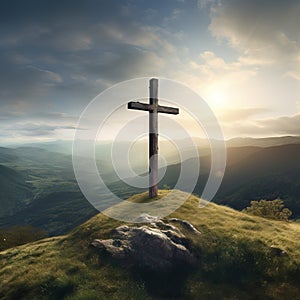 Solitude: A Large Wooden Cross Standing Alone on a Hilltop Overlooking a Sunny Green Valley with Dramatic Rays of Light Streaming
