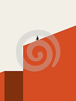 Solitude or loneliness vector illustration concept with man standing on top of building. Minimal abstract art.