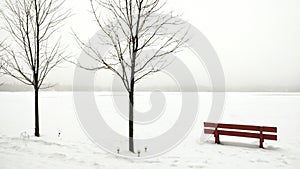 Solitude - Red Park Bench, Trees, Foggy, Snowy Lake