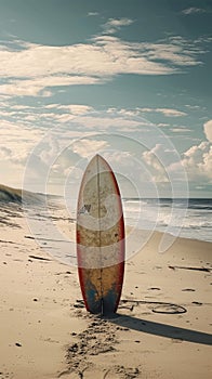 Solitude on the shore Surfboard rests on an untamed beach