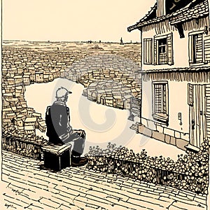 Solitude by the Stream: A Herge-esque Glimpse of Urban Struggle