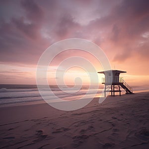 Solitude in Sunrise: A deserted beach and a lone lifeguard tower