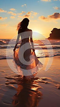 Soledad sobre el amanecer mujer joven en blanco ropa camina sobre el Playa 