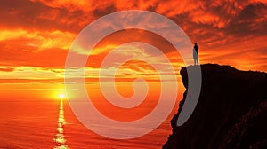 Solitude at Sunset: Silhouette of a Person on a Cliff. Generative ai