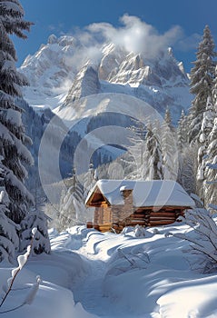 Solitude in the Swiss Alps: A Brawny Youngster\'s Snowy Cabin Adv photo