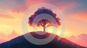 Solitude of a Tree on a Hill at Sunset