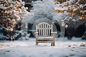 Solitude in a winter garden, a wooden chair amid blurred surroundings