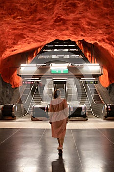 Solna Centrum famous metro station. Underground metro tunnelbana station Solna Centrum with escalator