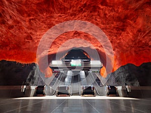 Solna station, Stockholm, Sweden. A popular metro station in the Swedish capital. Architectural landscape. photo