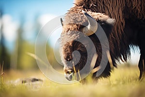 solo bison grazing under midday sun