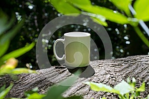 A solo blank white coffee mug in the forest