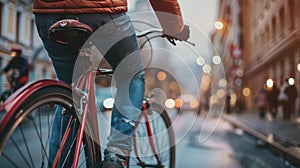 A solo cyclist leisurely making their way through the city soaking in the peacefulness and sense of community on the photo