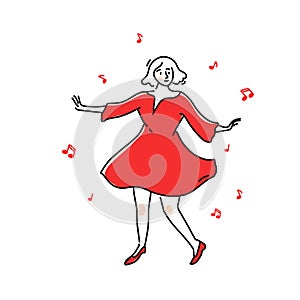 Solo dance girl in red dress and musical notes around. Summer party illustration of dancing woman. Vector outline