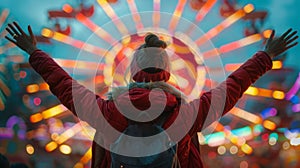 A solo fairgoer stands in front of a spinning ride arms outstretched and head tilted upwards in anticipation. .