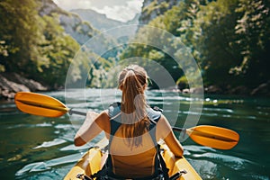 Solo female kayaker in picturesque river, serene summer scene for outdoor adventure seekers photo