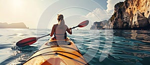 Solo female kayaker in serene ocean, rear view of woman enjoying summer outdoor adventure