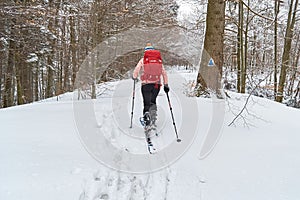 Solo female ski touring on a forest path in Winter, in Romania, passing by a blue triangle route marker.