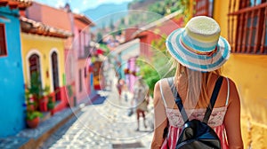 Solo female traveler exploring historic spanish town streets on vacation in europe