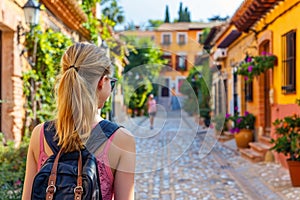 Solo female traveler in spanish old town, exploring charming streets on vacation, holiday adventure