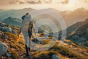 Solo Hiker with Backpack Trekking on Picturesque Mountain Trail at Sunset, Adventurous Journey in Nature, Hiking in Wilderness
