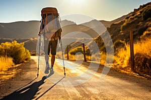 Solo Hiker with Backpack Walking on Sunny Road.