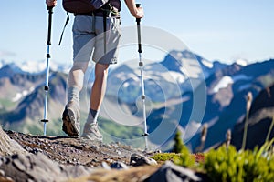 solo hiker with trekking poles on mountaintop