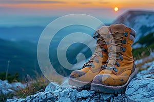 Solo hiking boot on a rocky summit