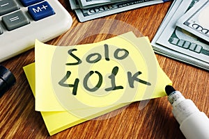 Solo 401k concept. Piece of paper and calculator