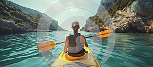 Solo kayaker exploring tranquil sea, summer outdoor adventure in picturesque landscape