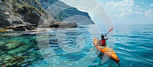 Solo kayaker in pristine blue waters, serene summer scene for outdoor enthusiasts