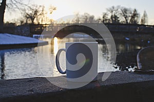 A solo mug on the cold park ledge