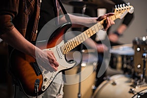 Solo and rhythm guitarist with the band and his guitar close up at an underground concert.