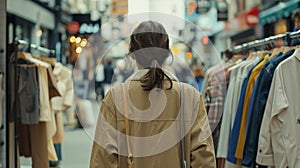 A solo shopper stands in front of a bustling boutique back to the camera as gazes at the racks of designer clothing. The