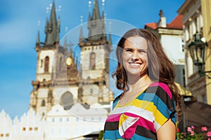 Solo tourist woman in Prague Czech Republic having excursion
