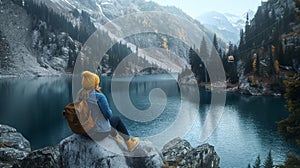 Solo traveler admiring a mountain lake view