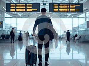 Solo Traveler in Boarding Pass in Bustling Airport Terminal with Blurred Travelers and Bright Gate Numbers photo